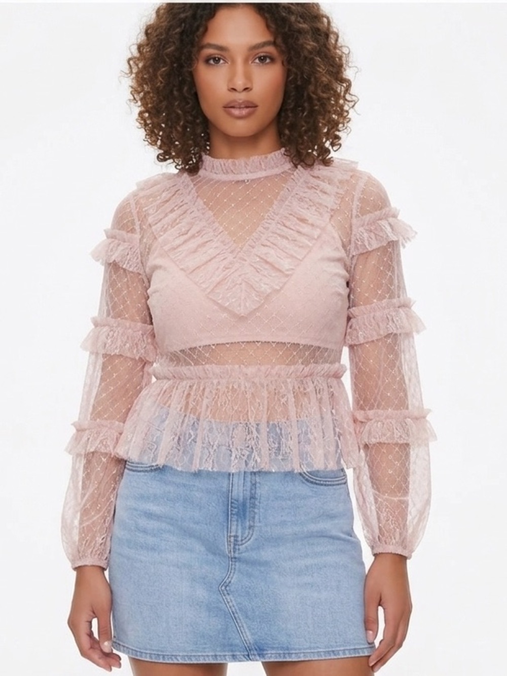 Forever 21 Cupcake Ruffle Mesh Blush Sheer Blouse Size S Fairy Whimsical Y2K NEW